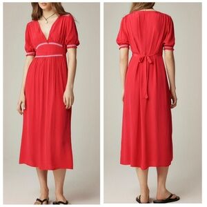 J. Crew Smocked-Trim Midi Dress in Crepe de Chine